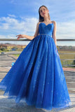 Blaues A-Linien-Tüll-langes Ballkleid, glitzernde formelle Abendkleider TP1193
