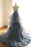 Blue Gray Lace V Neck Long Ruffles Prom Dress Organza Evening Dress TP0905 - Tirdress