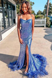 Blue Sequin Feather Back Mermaid Sparkly Long Prom Dress With Slit TP1210