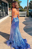 Blue Sequin Feather Back Mermaid Sparkly Long Prom Dress With Slit TP1210 - Tirdress