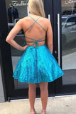 Blue Sequins Spaghetti Straps Backless Short Homecoming Dress HD0154 - Tirdress