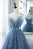 Blue Tulle Long A-Line Prom Dresses Blue Evening Dresses with Beaded TP1209 - Tirdress