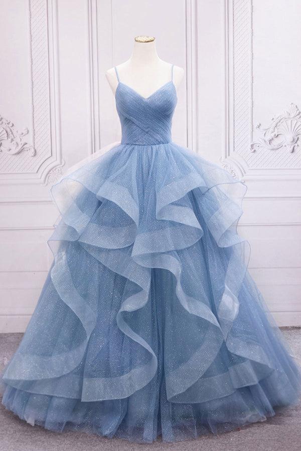 Blue Tulle Sequin Long Prom Dress Blue Tulle Formal Dress TP1143 - Tirdress