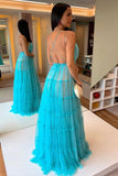 Blue V Neck Tulle Long Prom Dress Blue Tulle Formal Dress TP1152 - Tirdress