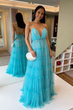 Robe de bal longue en tulle à col en V bleu Robe de soirée en tulle bleu TP1152