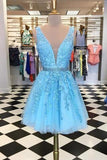 Blue Appliques Beaded Sleeveless A Line Tulle Short Homecoming Dresses HD0032 - Tirdress