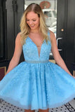 Blue Appliques Beaded Sleeveless A Line Tulle Short Homecoming Dresses  HD0032