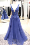 Blue Evening Dress  V-Neck Prom Dresses Lace Prom Dresses TP0827