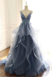 Blue Gray Lace V Neck Long Ruffles Prom Dress Organza Evening Dress TP0905