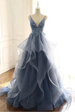 Blaugraues Spitze-V-Ausschnitt-langes Rüschen-Abschlussballkleid-Organza-Abendkleid TP0905