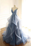 Blue Gray Lace V Neck Long Ruffles Prom Dress Organza Evening Dress TP0905 - Tirdress