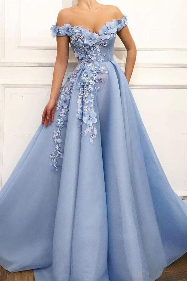 Blue Off Shoulder Flower Appliques A-line Long Modest Beautiful Prom Dresses TP0176 - Tirdress