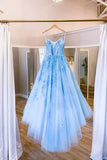 Blue Tulle Long Backless A Line Prom Dress Evening Dress TP0975 - Tirdress