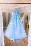 Blauer Tüll, langes, rückenfreies Ballkleid in A-Linie, Abendkleid TP0975