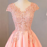 Blush Pink A Line Cap Sleeves Appliques Beaded Long Prom Dresses TP0844 - Tirdress