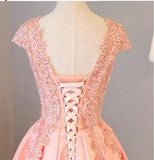 Blush Pink A Line Cap Sleeves Appliques Beaded Long Prom Dresses TP0844 - Tirdress