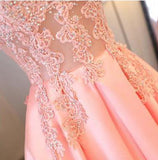 Blush Pink A Line Cap Sleeves Appliques Beaded Long Prom Dresses TP0844 - Tirdress