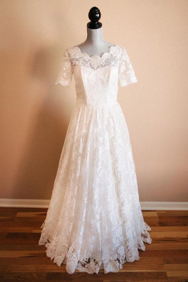Boat Neck Short Sleeve Vintage Lace Floor Length Ivory Wedding Dresses WD076 US6 / Custom Color Boat Neck Short Sleeve Vintage Lace Floor Length Ivory Wedding Dresses WD076 US6 / Custom Color