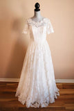 Boat Neck Short Sleeve Vintage Lace Floor Length Ivory Wedding Dresses WD076
