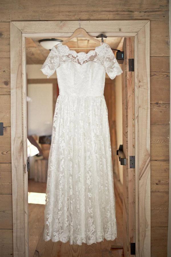 Boat Neck Short Sleeve Vintage Lace Floor Length Ivory Wedding Dresses WD076 - Tirdress