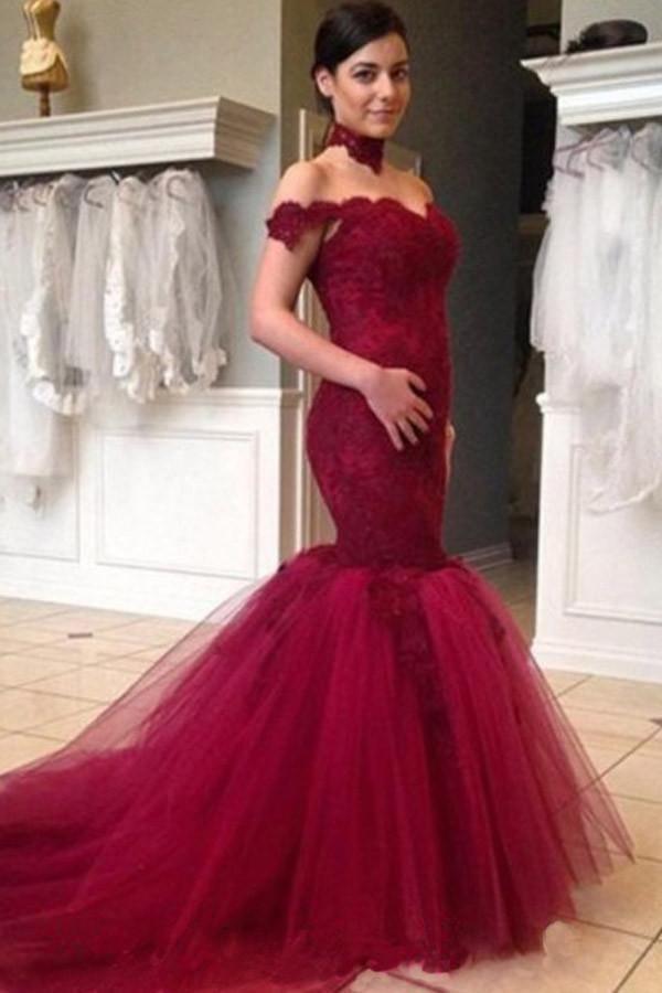 Bride Gowns Trumpet High Neck Fuchsia Mermaid Tulle Wedding Dress WD105 - Tirdress