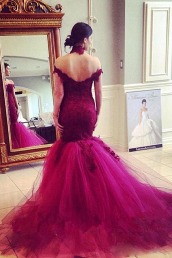 Bride Gowns Trumpet High Neck Fuchsia Mermaid Tulle Wedding Dress WD105 - Tirdress