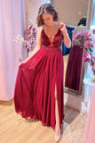 Burgundy Plunging V Neck Beaded Appliques Long Prom Dress With Slit TP1208