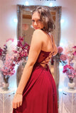 Burgundy Plunging V Neck Beaded Appliques Long Prom Dress With Slit TP1208 - Tirdress