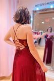 Burgundy Plunging V Neck Beaded Appliques Long Prom Dress With Slit TP1208 - Tirdress