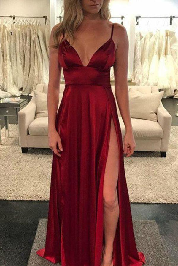 Burgundy A-line Spaghetti Straps Floor-length Prom Dresses With Side Slit TP0841 - Tirdress