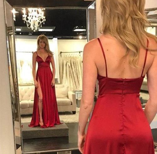 Burgundy A-line Spaghetti Straps Floor-length Prom Dresses With Side Slit TP0841 - Tirdress