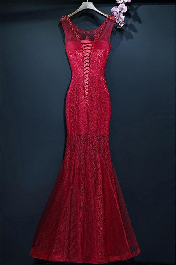 Burgundy Long Prom Mermaid Formal Dress With Lace Sleeveless PG690 - Tirdress