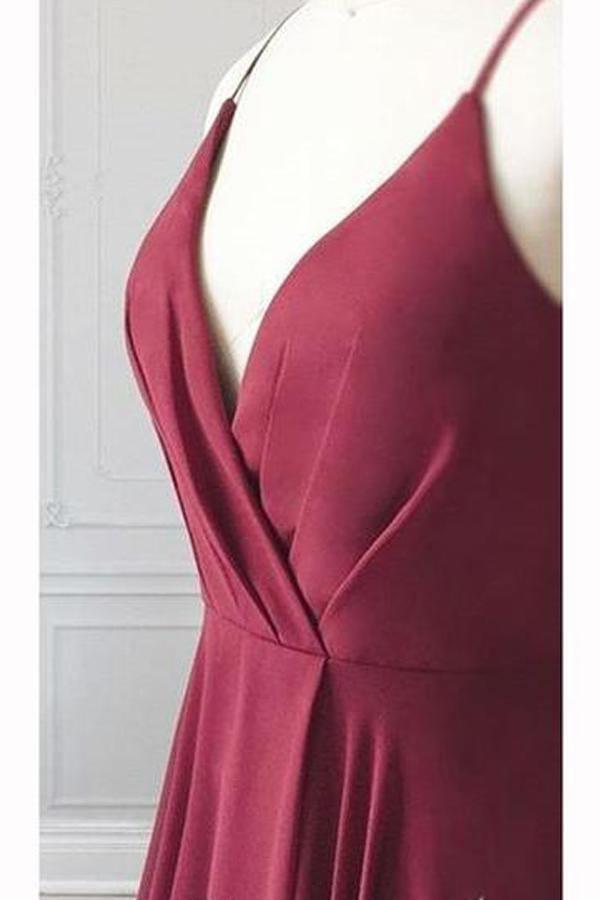 Burgundy V-neck Prom Dress Spaghetti Strap Long Evening Dresses TP0907 - Tirdress