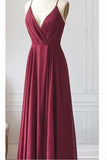 Burgundy V-neck Prom Dress Spaghetti Strap Long Evening Dresses TP0907