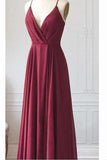 Robe de bal bordeaux à col en V et bretelles spaghetti Robes de soirée longues TP0907