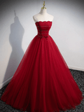 Burgundy A line Tulle Long Prom Dress, Burgundy Evening Dress TP1123 - Tirdress
