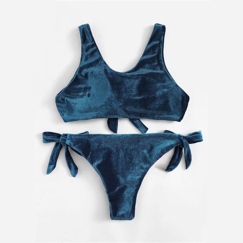 Navy Plunge Neck Velvet Knot Plunge Bra With Tie Side Bikini - Tirdress