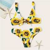 Sunflower Print Knot Boho Bikini Set Women Swimwear Chest pad Beachwear - Tirdress
