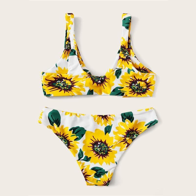 Sunflower Print Knot Boho Bikini Set Women Swimwear Chest pad Beachwear - Tirdress