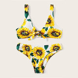 Sunflower Print Knot Boho Bikini Set Women Swimwear Chest pad Beachwear - Tirdress