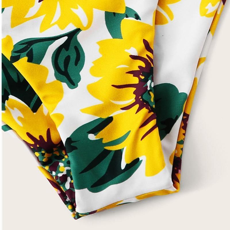 Sunflower Print Knot Boho Bikini Set Women Swimwear Chest pad Beachwear - Tirdress