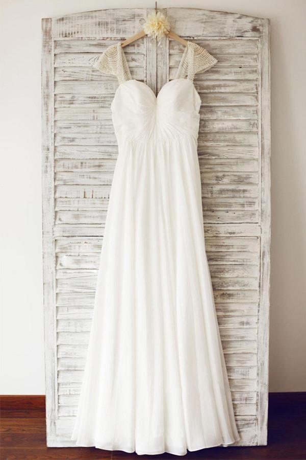 Cap Sleeve Floor Length Chiffon Pleated Wedding Dresses With Beading WD067 - Tirdress