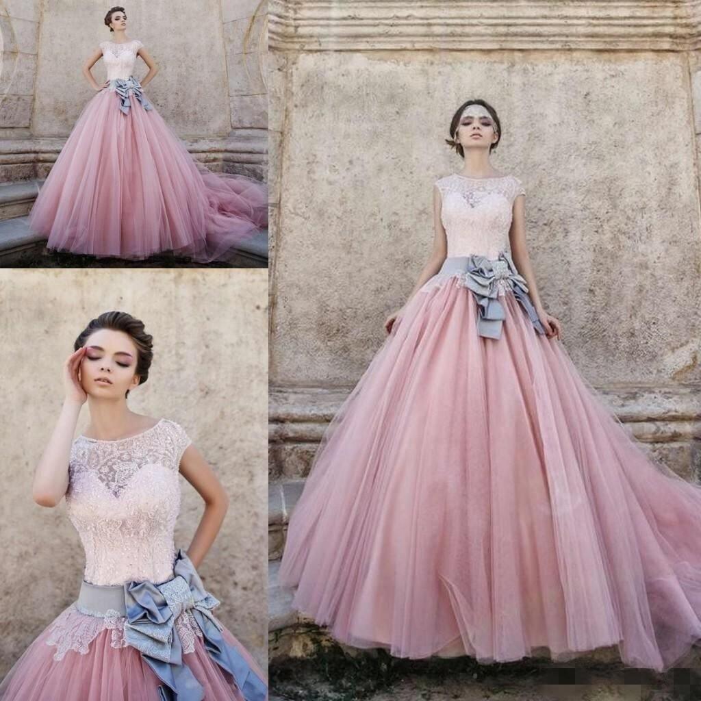 Cap Sleeves Ball-Gown Lace Bowknot Pink Tulle Wedding Dresses WD074 - Tirdress