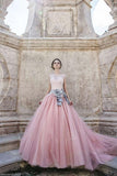 Cap Sleeves Ball-Gown Lace Bowknot Pink  Tulle Wedding Dresses WD074
