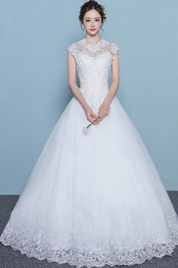 Cap Sleeves Floor-Length Court Train Wedding Dress With Beading TN0100 - Tirdress