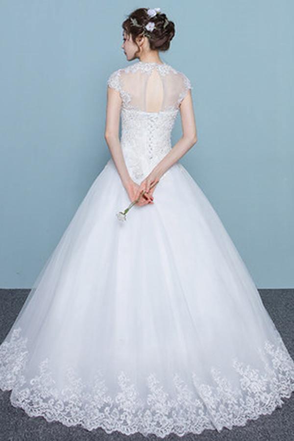Cap Sleeves Floor-Length Court Train Wedding Dress With Beading TN0100 - Tirdress