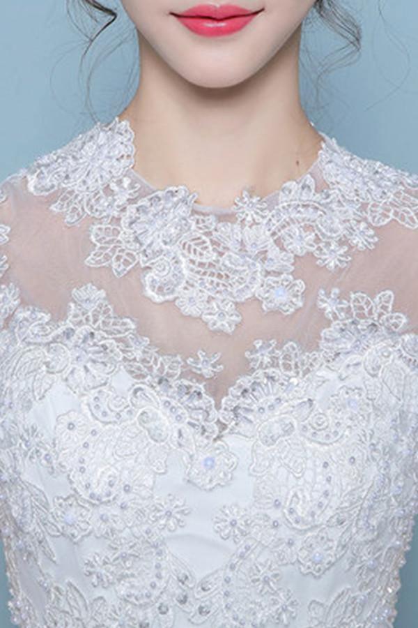 Cap Sleeves Floor-Length Court Train Wedding Dress With Beading TN0100 - Tirdress