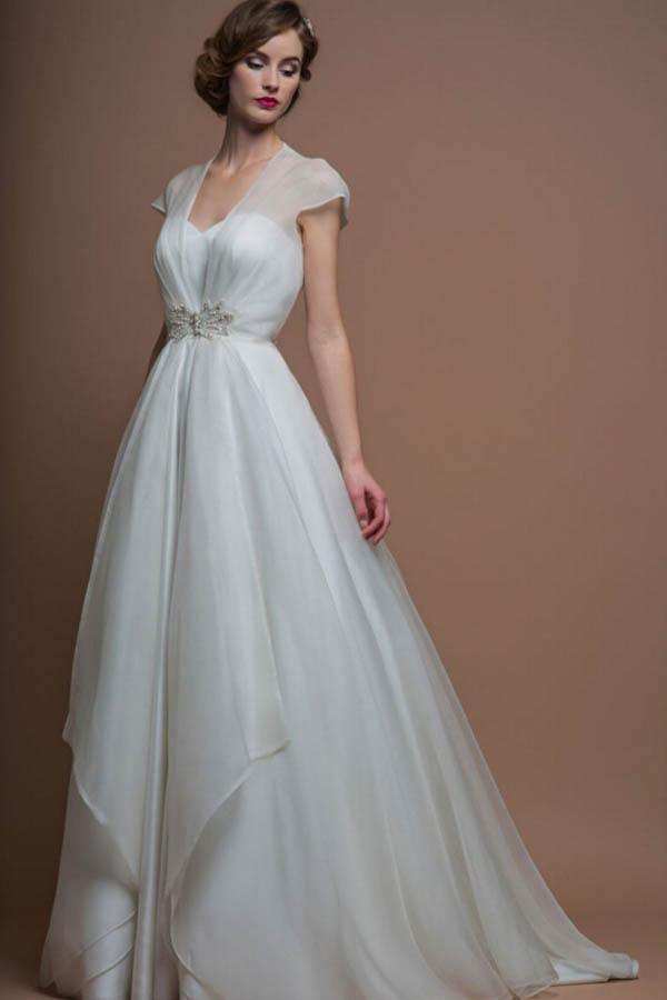 Cap Sleeves V Neck A-line Long Organza Wedding Dresses With Beading Tirdress Cap Sleeves V Neck A-line Long Organza Wedding Dresses With Beading Tirdress