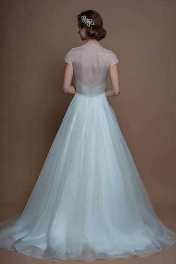 Cap Sleeves V Neck A-line Long Organza Wedding Dresses With Beading WD128 - Tirdress