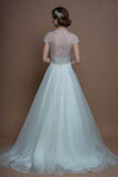 Cap Sleeves V Neck A-line Long Organza Wedding Dresses With Beading WD128 - Tirdress